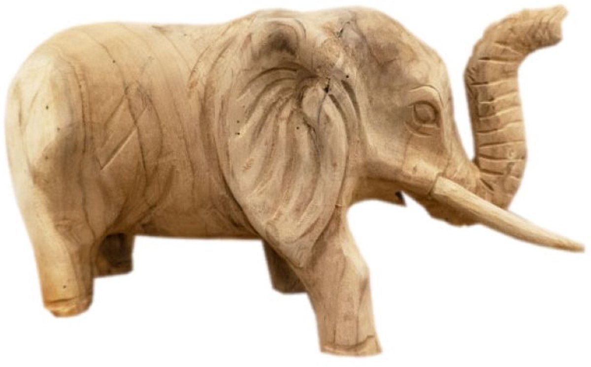 JoJo Living Woonaccessoires - Beeld - Teakhouten decoratie - Robuuste olifant - Houten Woondecoratie - Hoogte 19 cm - Handgemaakt - Robuust