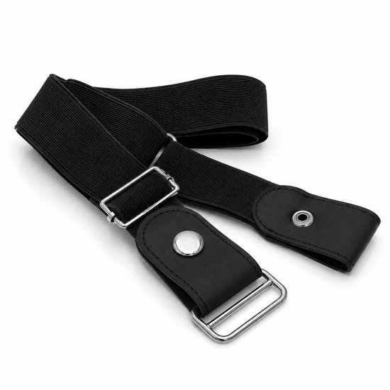Ceinture élastique noire avec extrémités en cuir et boucle et boutons-pression argentés.