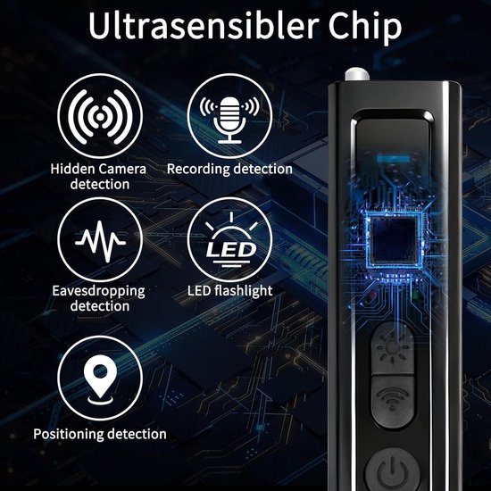 Camera- en Microspiondetector 4-in-1 RF 1MHz-8GHz - 5 gevoeligheidsniveaus. Veiligheidsalarm voor thuis en op reis. WiFi anti-interferentie en luisteren op afstand — afbeelding 2
