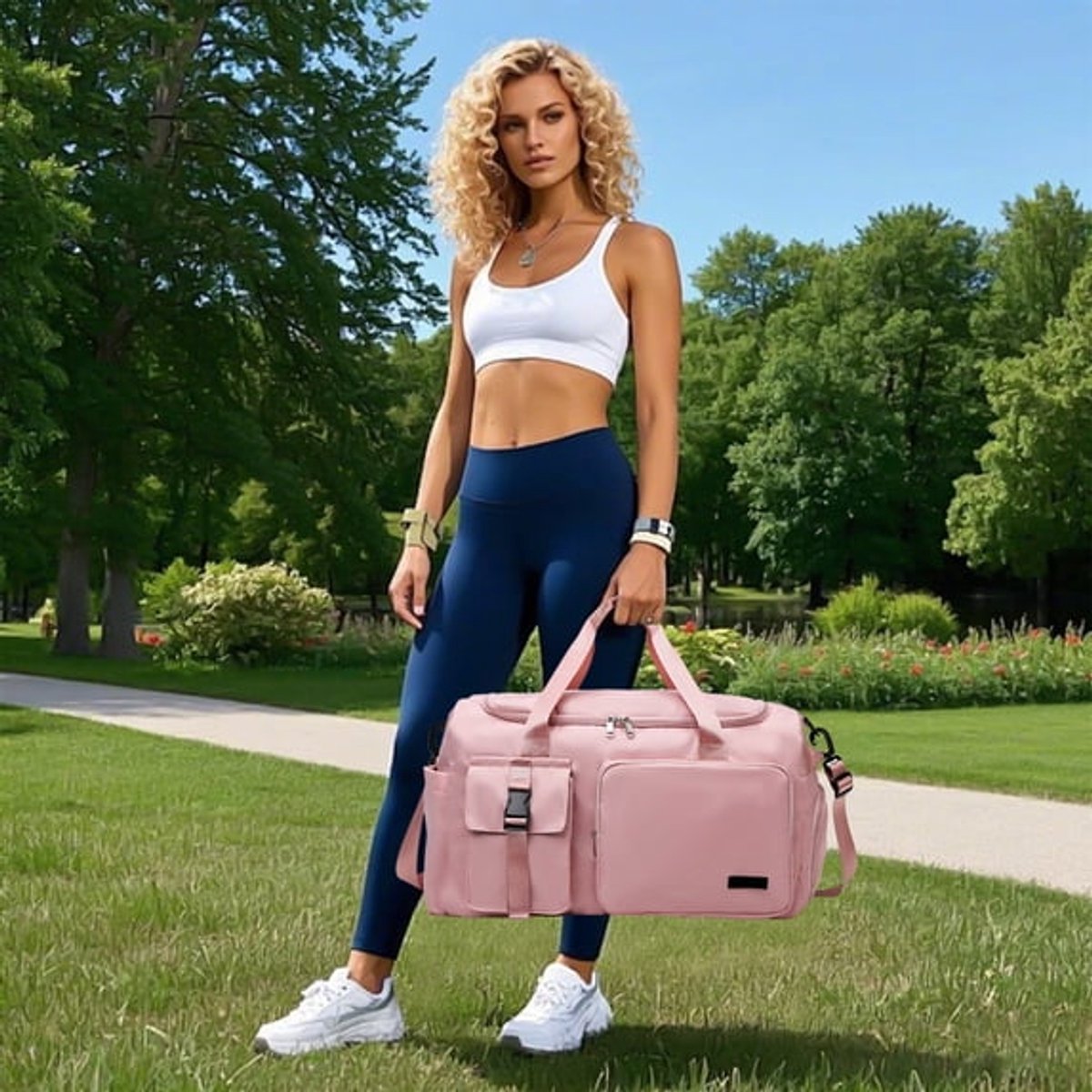 Ulisem - Sporttas Voor Dames - Grote Capaciteit - Lichtgewicht - Met Ventilerend Schuhvak - Waterafstotend - Weekendreistas, Geschikt Voor Fitness, Training, Reizen En Outdoor‑Activiteiten, Polyester Reistas Met Meerdere Opbergvakken - Roze