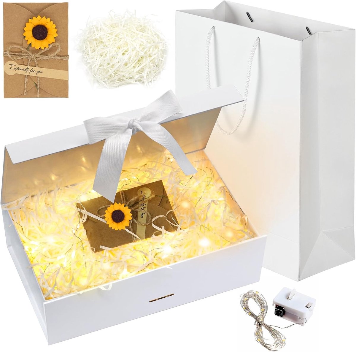 Cadeaubox met Deksel en Strik, Luxe Gift Box voor Verjaardag en Trouwerij, Inclusief Tas en Riem, Wit, Groot Formaat