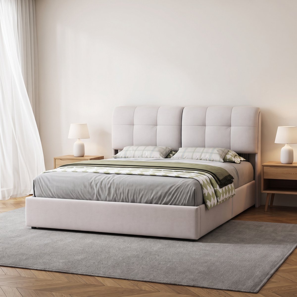 Gestoffeerd bed-140x200 cm-Tweepersoonsbedden met Lattenbodem-Hydraulische Opbergruimte-LED Hoofdbord-Fluweel-Beige