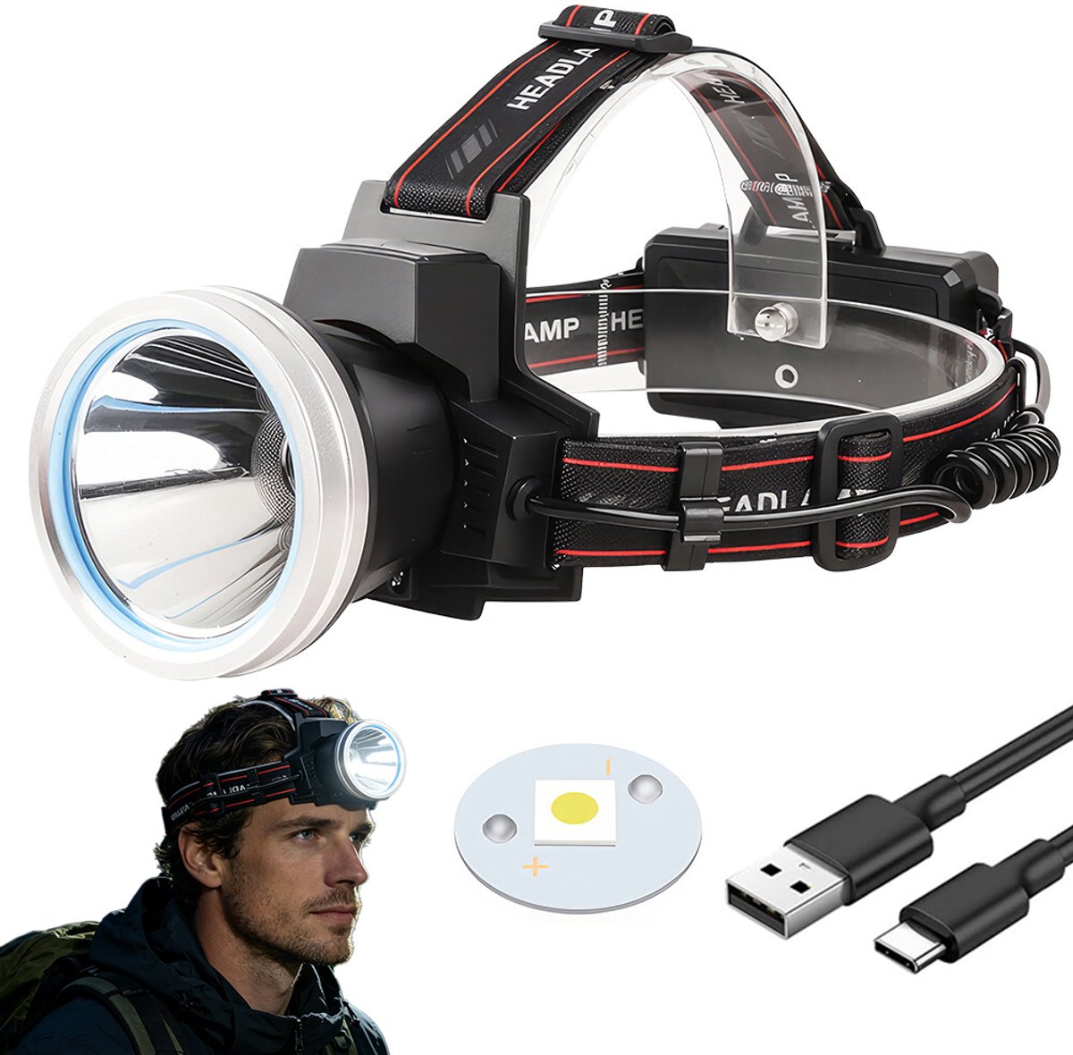 Ultraheldere oplaadbare LED-hoofdlamp - Laserhoofdlamp met hoge intensiteit - Tot 300.000 lumen helderheid - USB-hoofdlamp - 18650-batterij - Ondersteunt lange lichtbundel - Roodlichtsensor - USB-kabel - Zwart