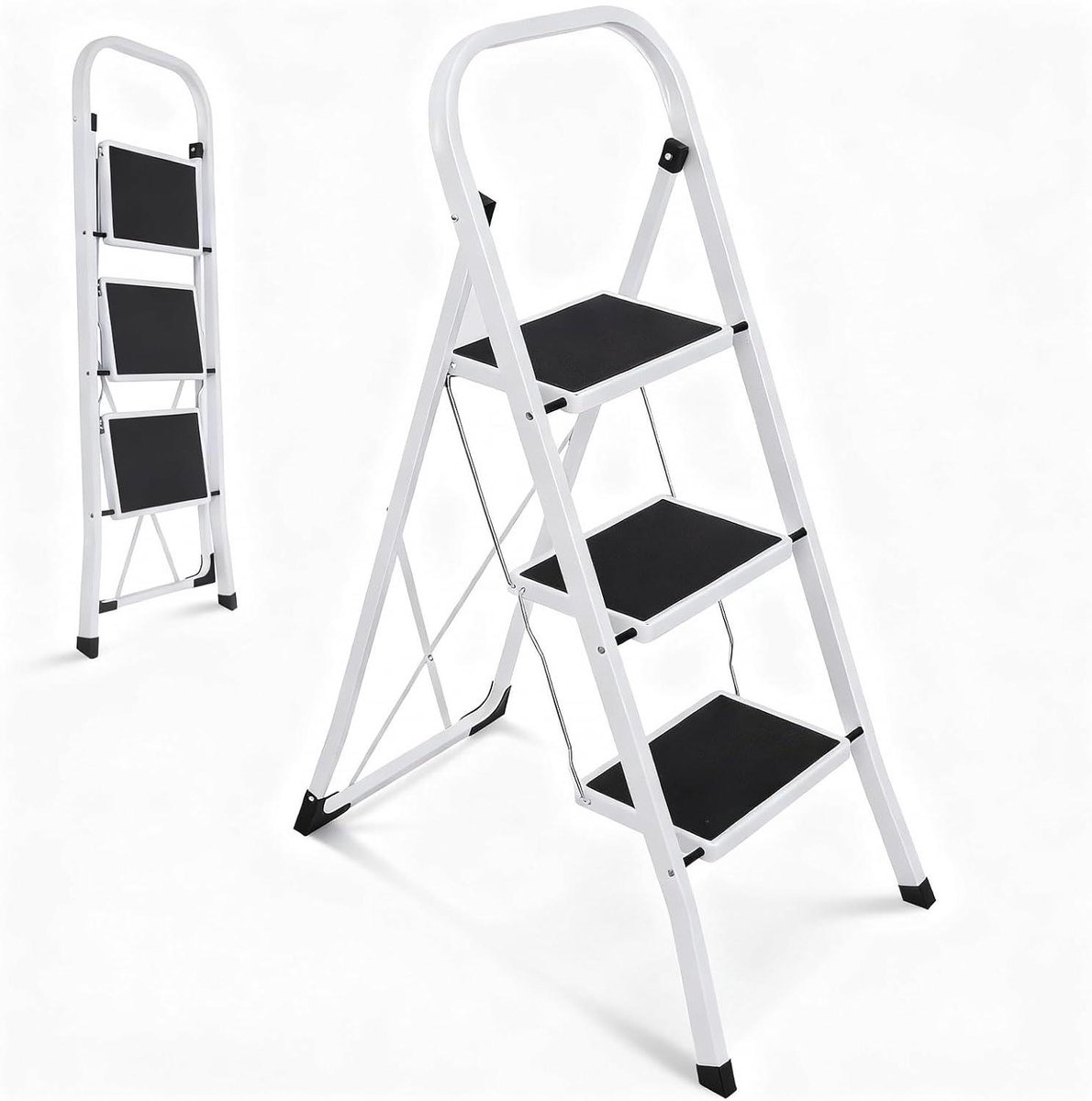 Vouwladder 3 Treden - Opstapladder Keuken - Huishoudelijk Gebruik - SGS EN14183 Gecertificeerd - Belastbaar 150 kg - Zwart/Wit