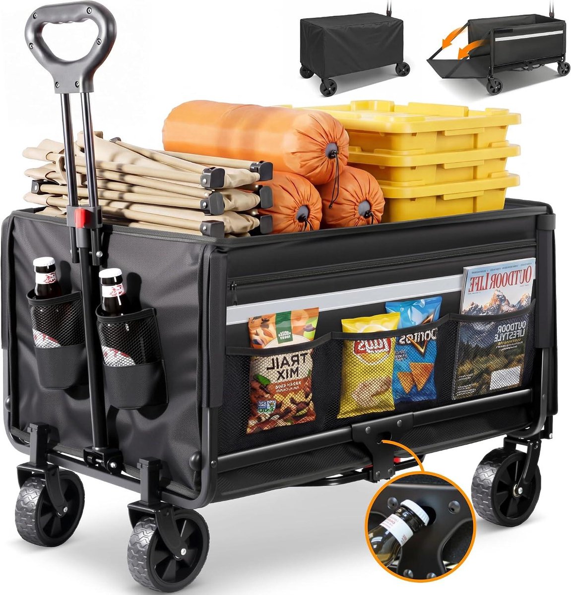 Opvouwbare bolderkar - Strandwagen inklapbaar - Outdoor transport - 150 kg draagvermogen - 120 liter inhoud - Zwart