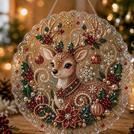 Peinture diamant ronde de Noël avec un cerf, décorée de perles, de baies rouges, de feuilles vertes et de flocons de neige, sur un fond bokeh de lumières de Noël.