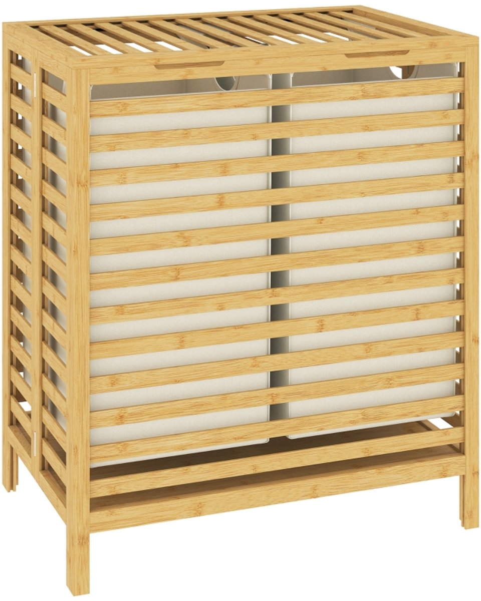 Wasmand 55 x 36 x 64,2 cm houtkleur bamboe, opvouwbare wasmand, dubbele wasmand met deksel, 2 uitneembare binnentassen, bovenplank, ademend raster, compact, stabiel, voor slaapkamer, badkamer