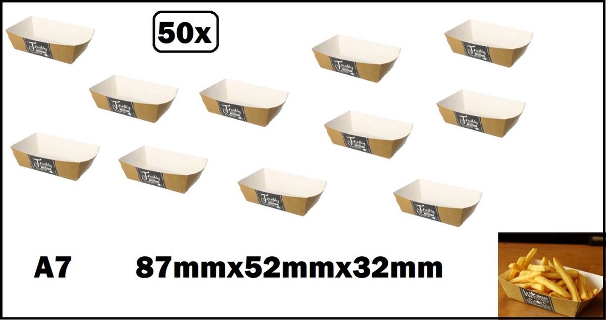 50 stuks BIO Friet bakje karton Fresh A7 + 50 stuks Frietvork hout - Patat friet frites bakje snack bak