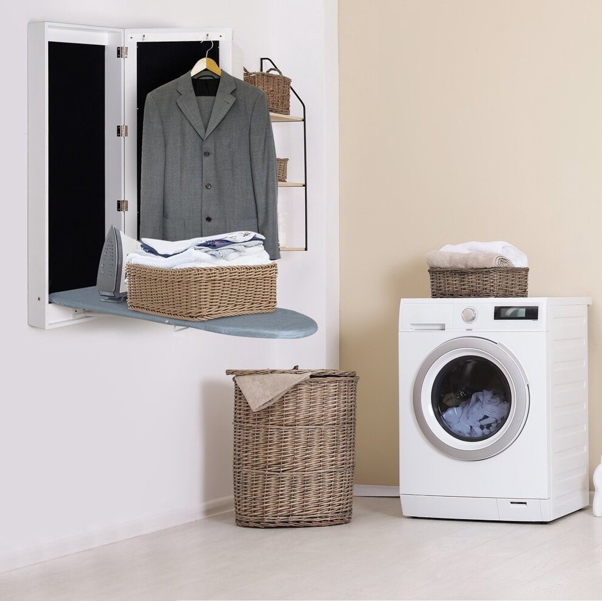 OKWISH Wandkast met Strijkplank - 105 x 43,5 x 16 cm - Opvouwbaar met Spiegel en Opbergruimte - Voor Wasruimte en Slaapkamer - MDF - Wit