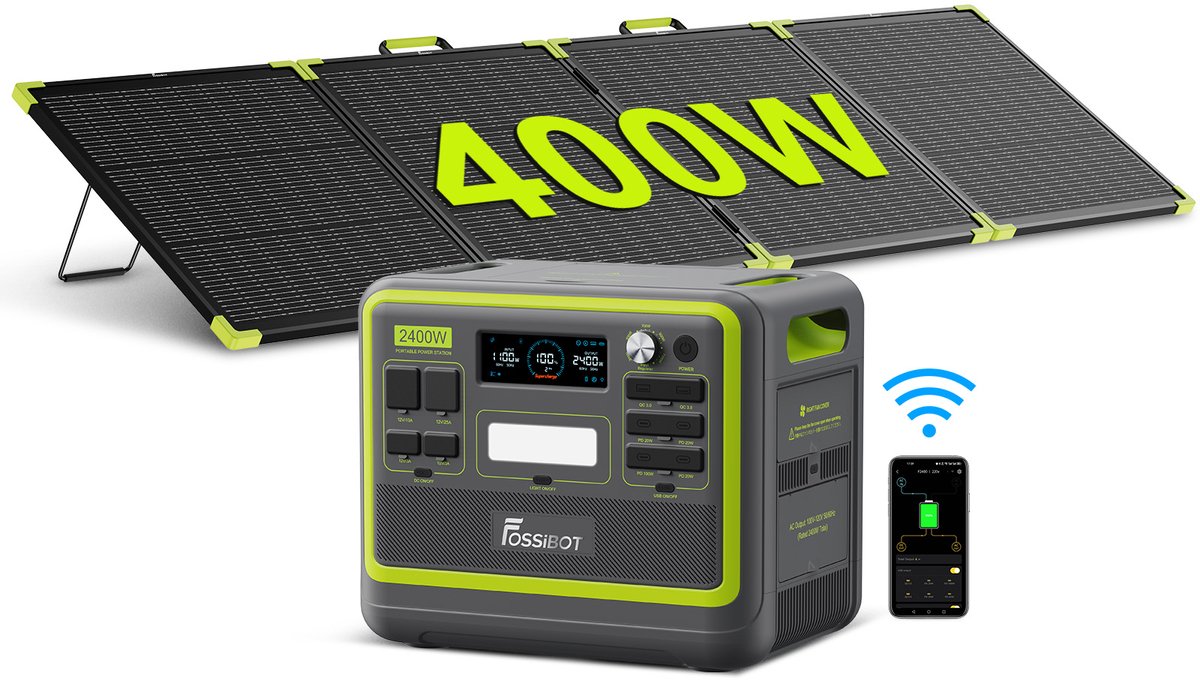 FOSSiBOT F2400 Groene Luxe Set + SP400PRO Zonnepaneel | 2048Wh/640000mAh Draagbare LiFePO4 Powerstation, 2400W (4800W Piek), 420W Opvouwbaar Zonnepaneel, 23,4% Hoog Rendement, IP67 Waterbestendig voor Kamperen, Camper en Noodstroom