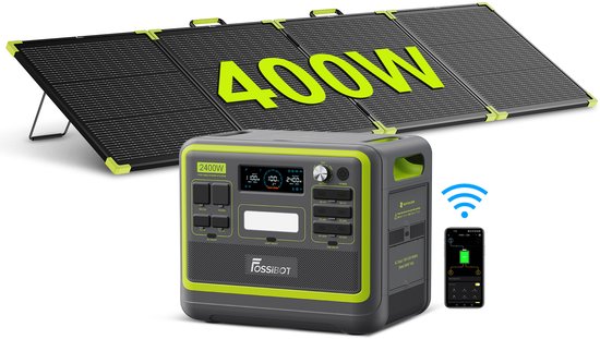 Draagbare powerstation (2400W) en opvouwbaar 400W zonnepaneel in groen en grijs.