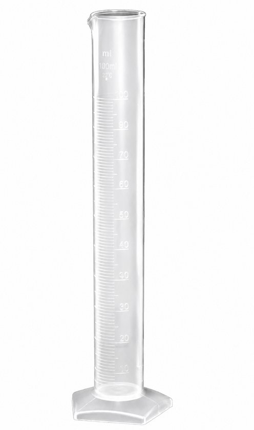 Doorzichtige maatcilinder van 100 ml met witte markeringen voor milliliter en temperatuur (20°C).