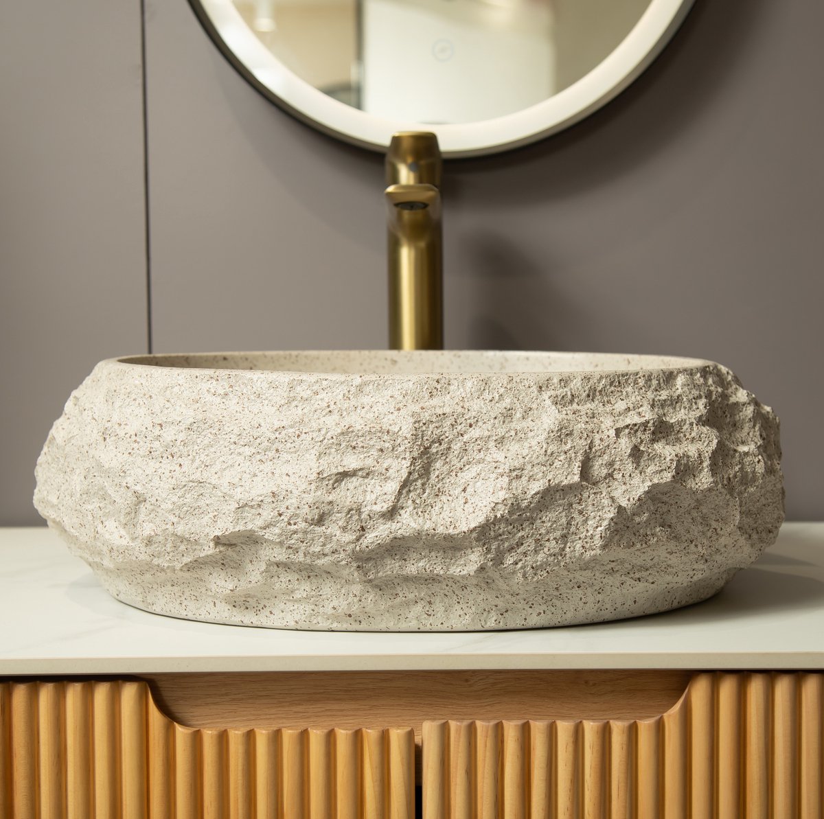 OKWISH Waskom 45 cm - Asymmetrisch Organisch Ontwerp Met Steenstructuur - Voor Opbouwmontage In De Badkamer - Hars - Beige