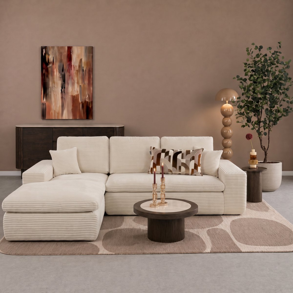 Popsofa Lazy Hoekbank Velvet Ribstof Beige links