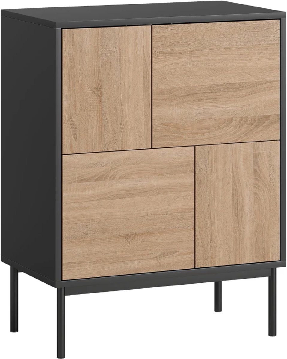 Dressoir - Met Push-to-open Deuren - Eetkamerkast Met Metalen Poten - Keukenkast - MDF - Zwart En Natuurlijk Hout