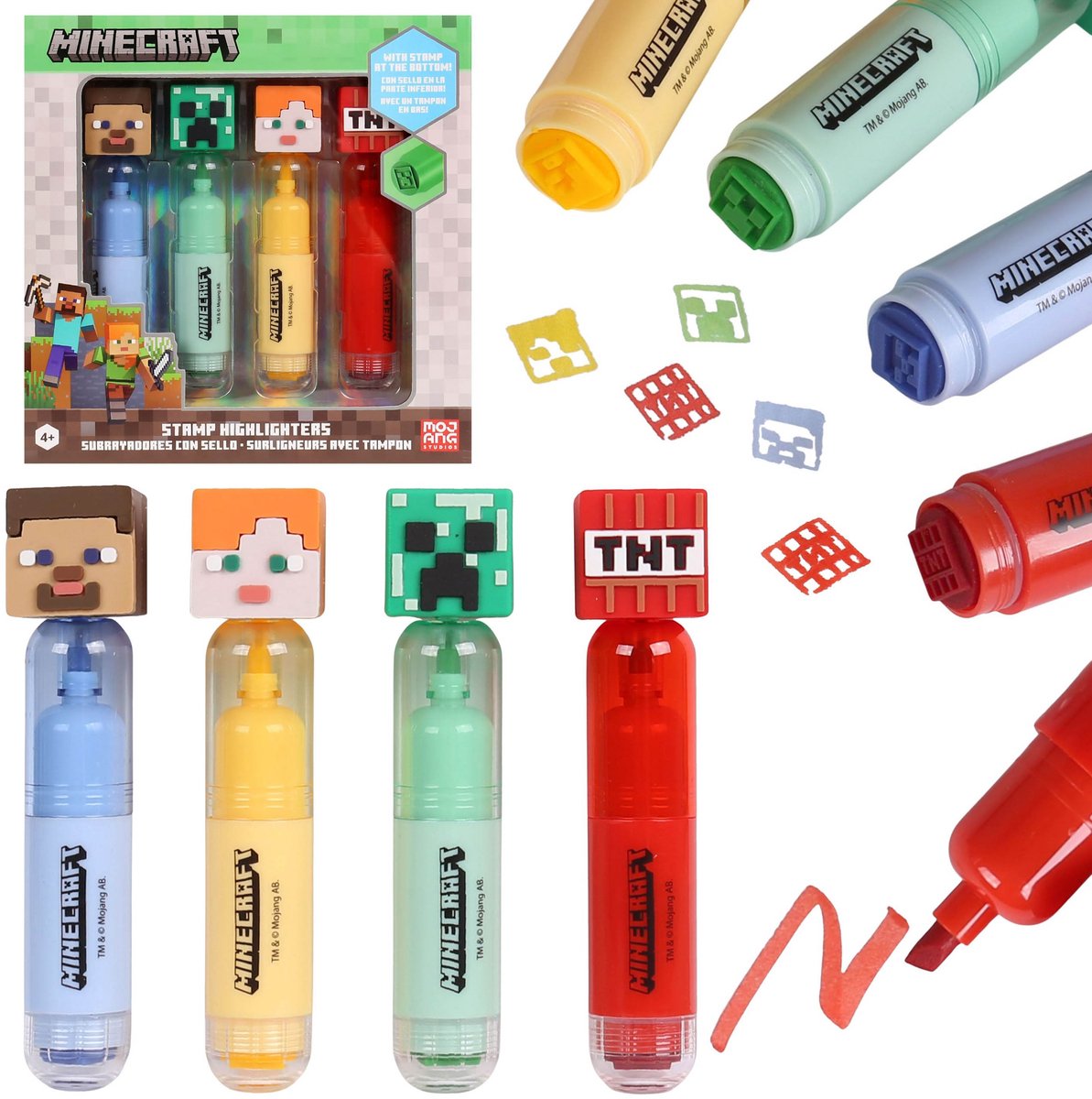 Minecraft Creeper Schoolmarkeerstiften MET STEMPEL, viltstiften met TOPPER VOOR GAMERS - SET van 4 stuks