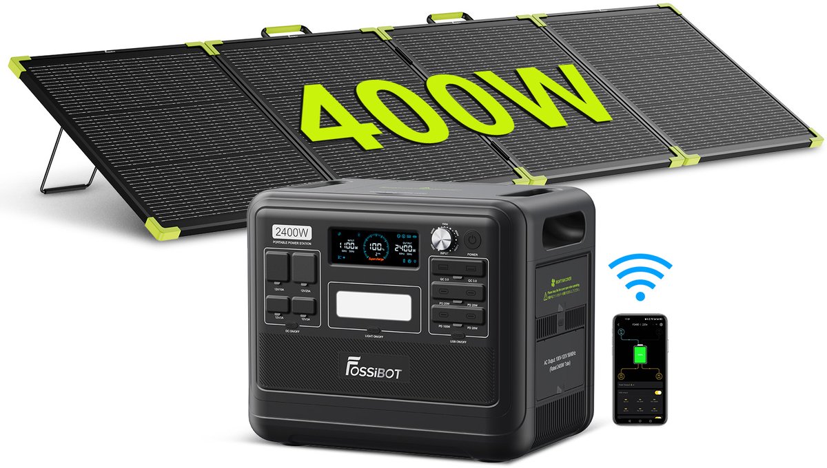 FOSSiBOT F2400 Zwarte Luxe Set + SP400PRO Zonnepaneel |2048Wh/640000mAh Draagbare LiFePO4 Powerstation, 2400W continu, 4800W piekvermogen, 420W opvouwbaar zonnepaneel, 23,4% hoog rendement, IP67 waterbestendig voor kamperen, camper en thuisnoodstroom