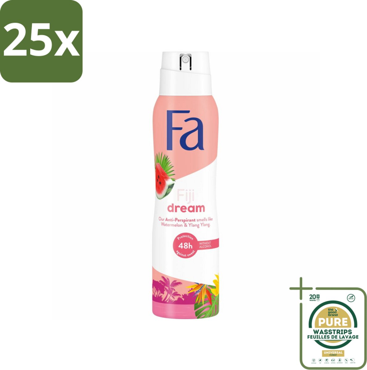 25 x Fa Deodorant Spray Fiji Dream 150 ml - Grootverpakking - Deospray - Anti-transpirant - 48 Uur Bescherming - Watermeloen - Ylang Ylang