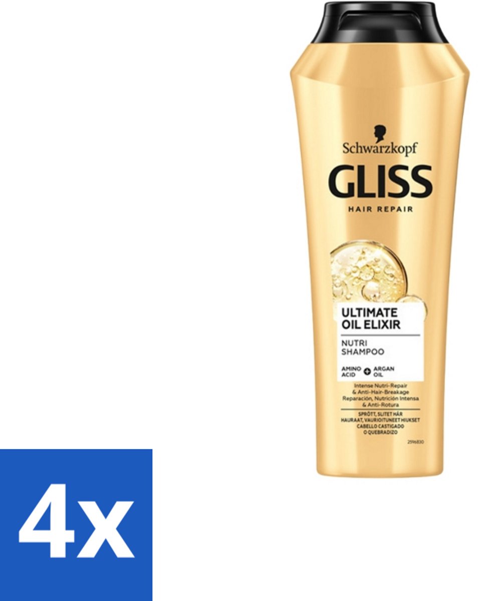 4 x Gliss Kur – Shampoo – Ultimate Oil Elixir – 250 ml - Droog Haar - Beschadigd Haar - Voedend Shampoo - Herstel Shampoo - Keratine Shampoo
