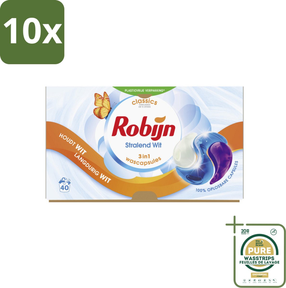 10 x Robijn Wascapsules 3-in-1 Stralend Wit 40 stuks per verpakking - Grootverpakking - Wit Was - Wascapsules - Was Reiniging - Was Verzorging - Was Geur