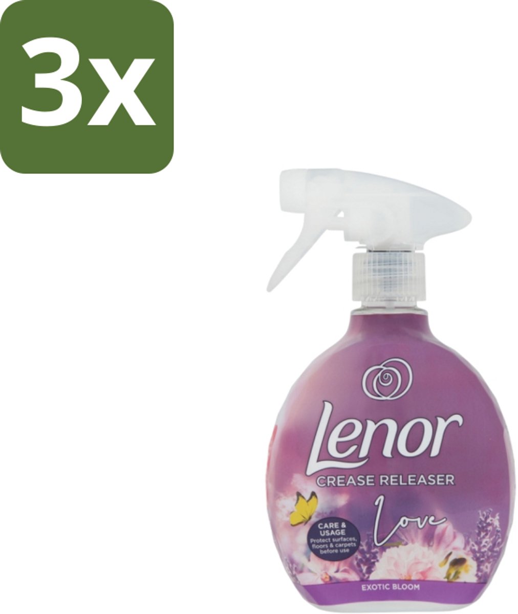 3 x Lenor – Crease Releaser Spray – Love Exotic Bloom – Kreukverwijderaar & Textielverfrisser – 500 ml - Kreukverwijderaar - Textielverfrisser - Stofverzachter - Strijkijzer Vervanger - Kledingverzorging