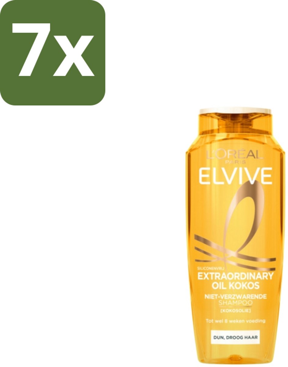 7 x L'Oréal Elvive Extraordinary Oil Shampoo Kokos 250 ml - Shampoo Voor Fijn Haar - Voeding Zonder Verzwaren - Kokosolie Shampoo - Siliciumvrije Shampoo - Droog Haar Verzorging