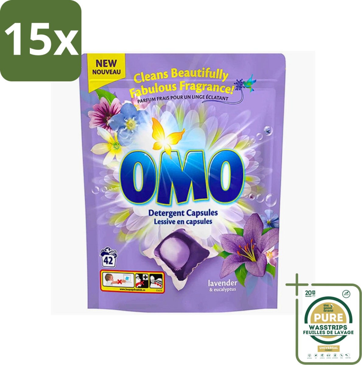 15 x Omo - Wascapsules - Lavendel & Eucalyptus - Krachtige geur - 42 Capsules - Grootverpakking - Wascapsules - Wasmiddel - Wascapsules Lavendel En Eucalyptus - Was Voor Gekleurde Kleding - Wasmiddel Voor Gekleurde Kleding