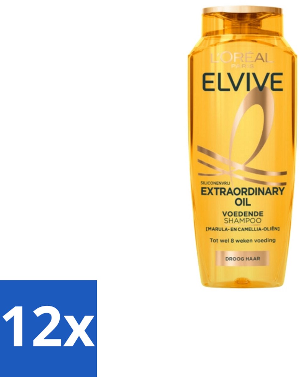 12 x L'Oréal Elvive Extraordinary Oil Shampoo 250 ml - Droog Haar - Intensieve Verzorging - Marula-olie - Camellia-olie - Haarvoeding