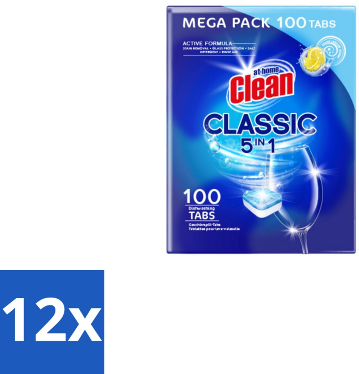 12 x At Home – Vaatwastabletten 5-in-1 – Classic Citroen – 100 Tabs - Vaatwastabletten - Vaatwassen - Reinigen - Citroengeur - Glans