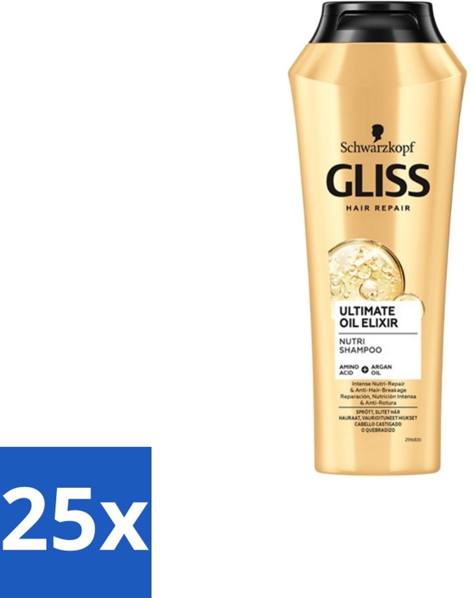 25 x Gliss Kur – Shampoo – Ultimate Oil Elixir – 250 ml - Droog Haar - Beschadigd Haar - Haar Herstel - Haar Voeding - Haar Glans