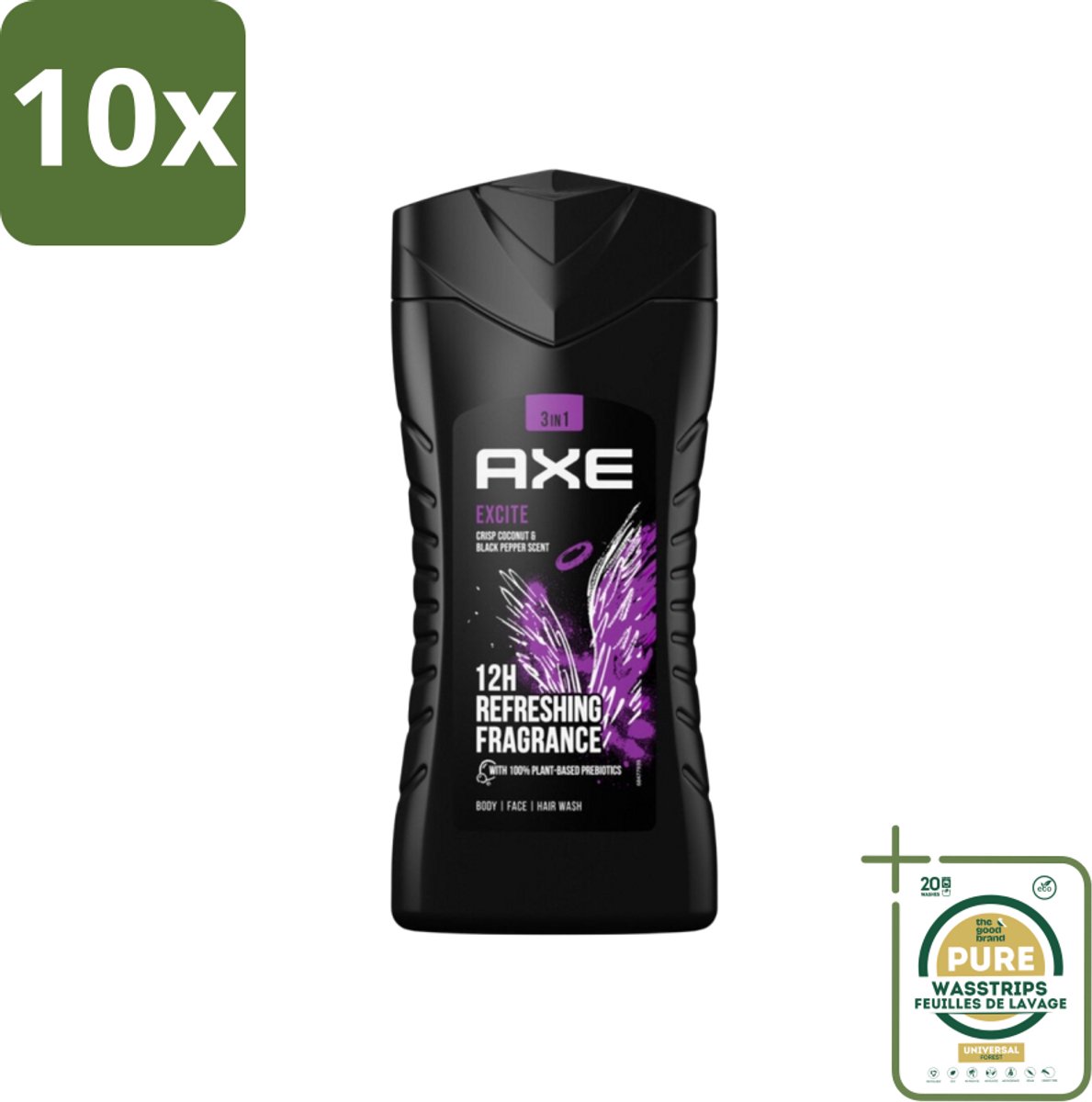 10 x Axe - 3-in-1 Douchegel - Excite - Douchegel - Crisp Coconut & Black pepper - 100% Plantaardig - 250 ml - Grootverpakking - Douchegel - Prebiotica - Kokosnoot - Zwarte Peper - Huid Verzorging