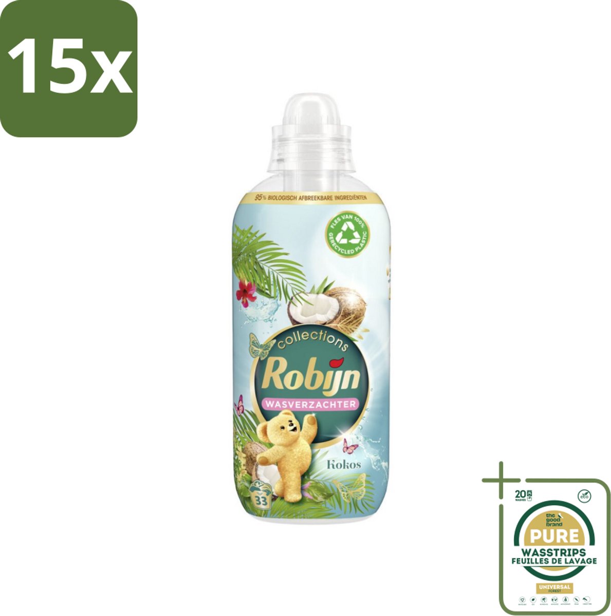 15 x Robijn Wasverzachter Kokos Sensation 33 Wasbeurten 825 ml - Grootverpakking - Wasverzachter Kokos - Kokos Geur - Wasverzachter Tropisch - Wasverzachter Voor Kleding - Wasverzachter 33 Wasbeurten