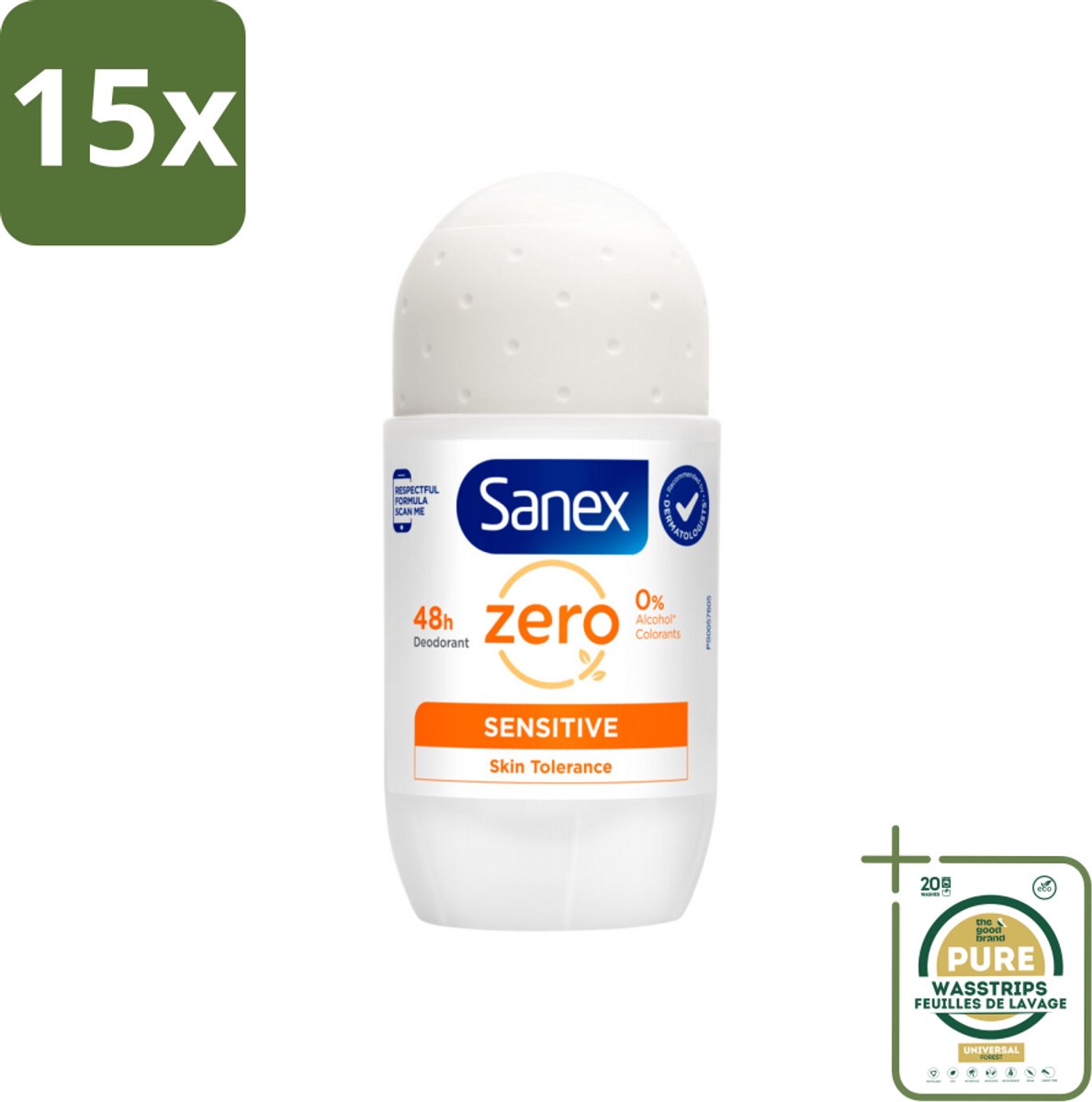 15 x Sanex Deodorant Roller Zero% Sensitive Skin 50 ml - Grootverpakking - Sanex Deodorant Zero% Sensitive - Alcoholvrije Deodorant - Parabenenvrije Deodorant - Gevoelige Huid - Deodorant Voor Mannen En Vrouwen