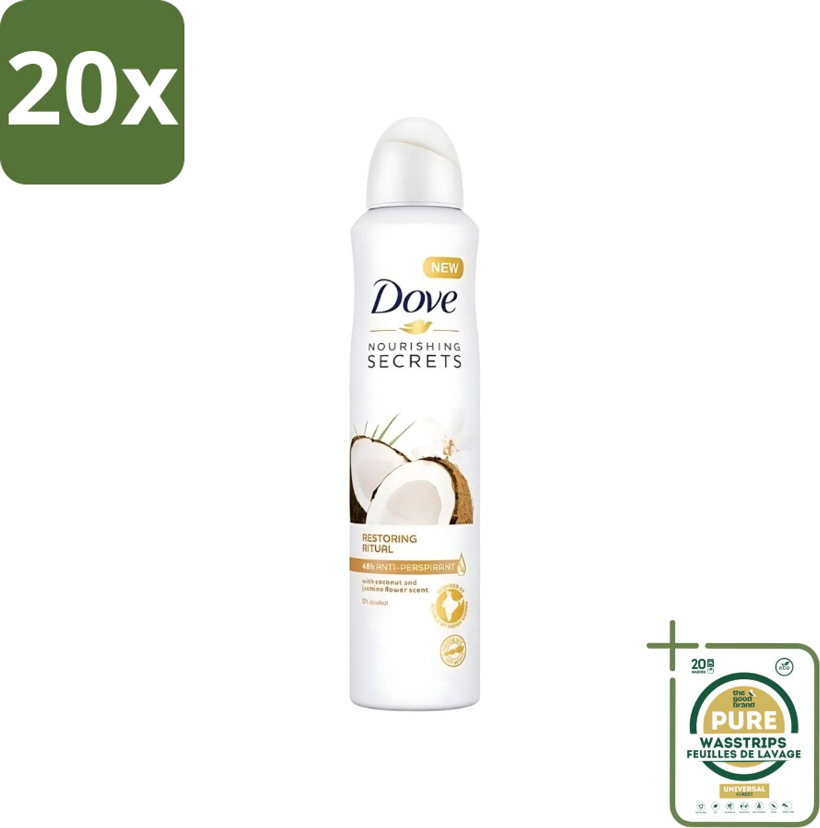 20 x Dove - Deodorant - Coconut & Jasmine Flower - Tropisch en verzorgend - 250 ml - Grootverpakking - Dove Deodorant - Kokos En Jasmijn - Anti-transpirant Spray - Verzorgende Deodorant - Geur Van Kokos En Jasmijn