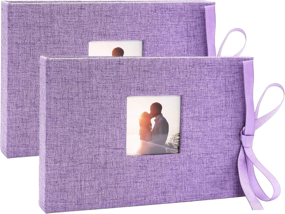 Klein 10x15 Fotoalbum – Mini Foto Boek met Transparante Compartimenten voor 52 Foto's, Postkaart Album met Linnen Kaft, Set van 2 in Lila Kleur