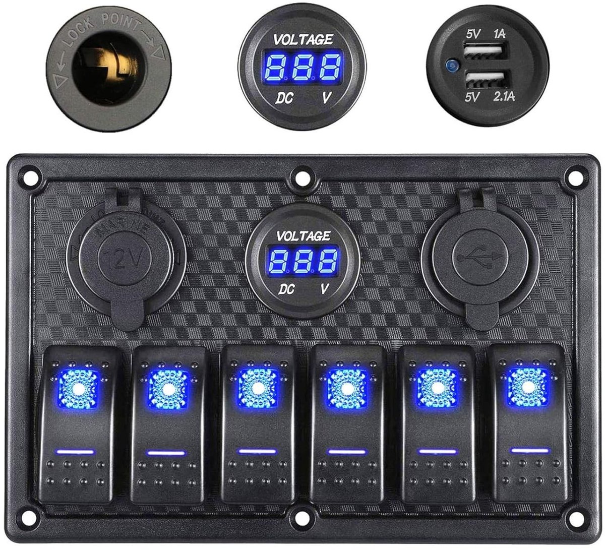 Waterdichte Toggle Switch Panel met Digitale Voltageweergave voor 12V/24V en Dubbele 5V USB Oplaadpoorten