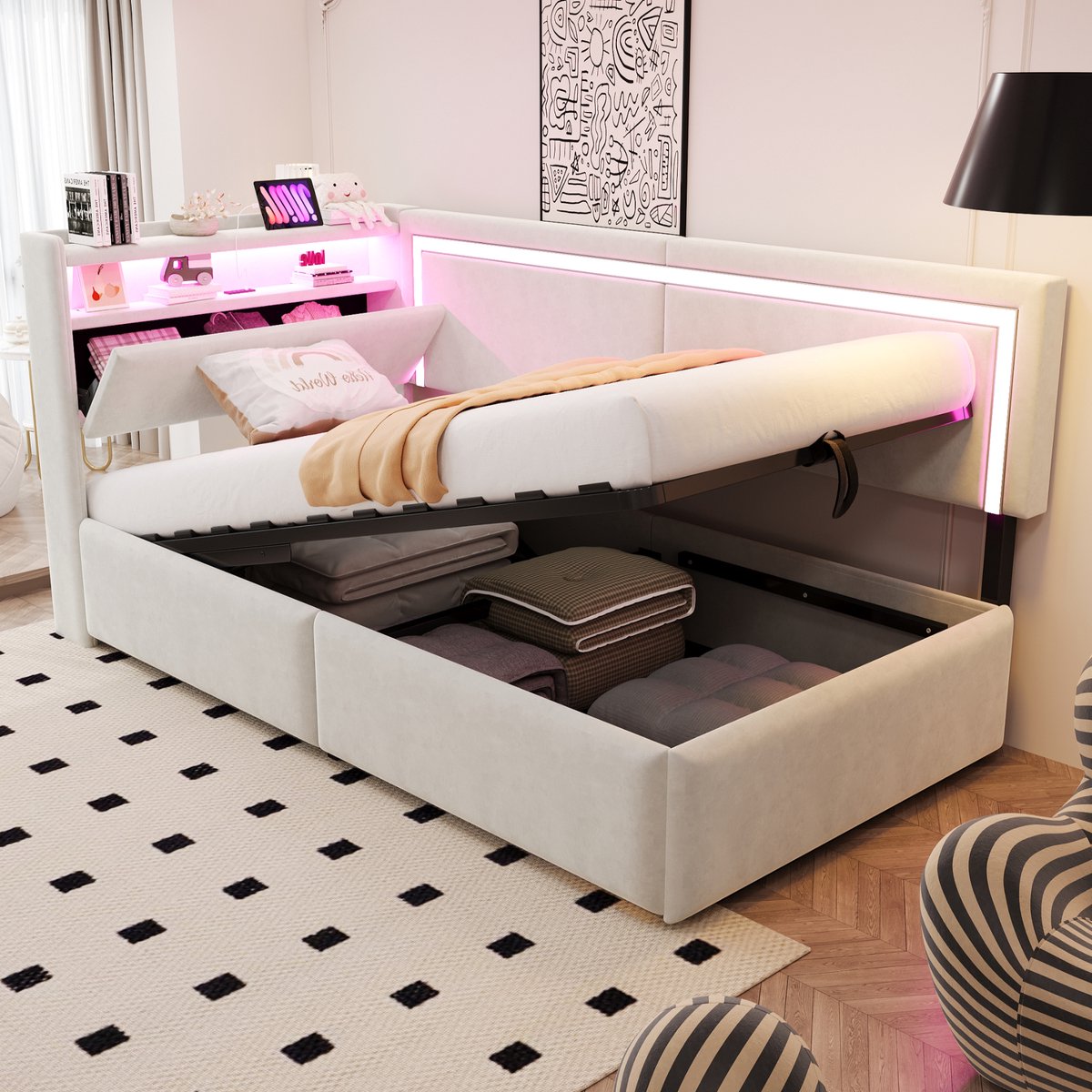 Slaapbank 90x200 cm - Met Opbergruimte - Met LED-verlichting - Met USB-aansluiting - Beige