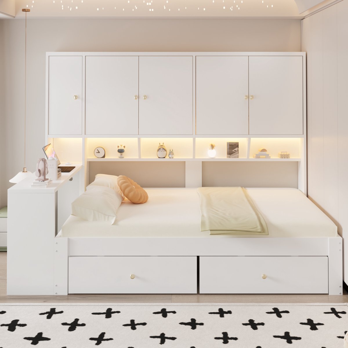 Zubaliya MDF Houten Bed 90x200 cm Wit Met LED-verlichting, Opbergruimte, Lattenbodem