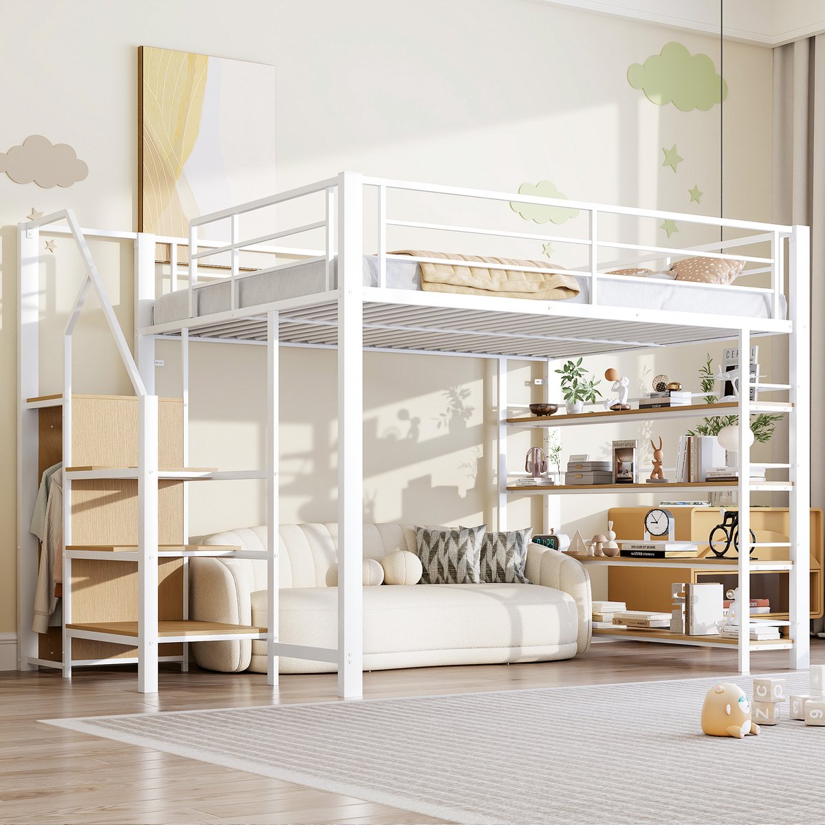 Metalen Hoogslaper 140x200 cm - Met Opbergruimte - Met Kledingkast - Met Lades - Met Ladder - Wit