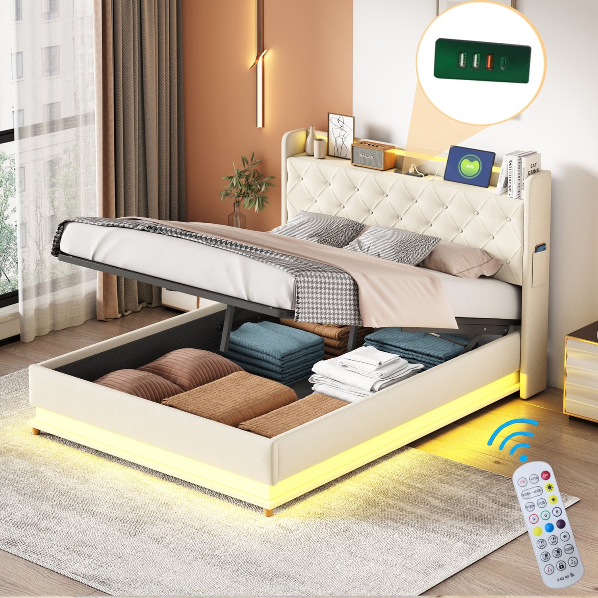 Gepolsterd Bed 140x200 cm - Met LED-verlichting - Met USB-aansluiting - Beige