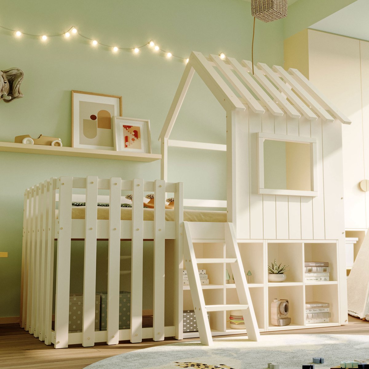 Stapelbed 90x200 cm - Met Ladder - Met Opbergruimte - Met USB-aansluiting - Wit