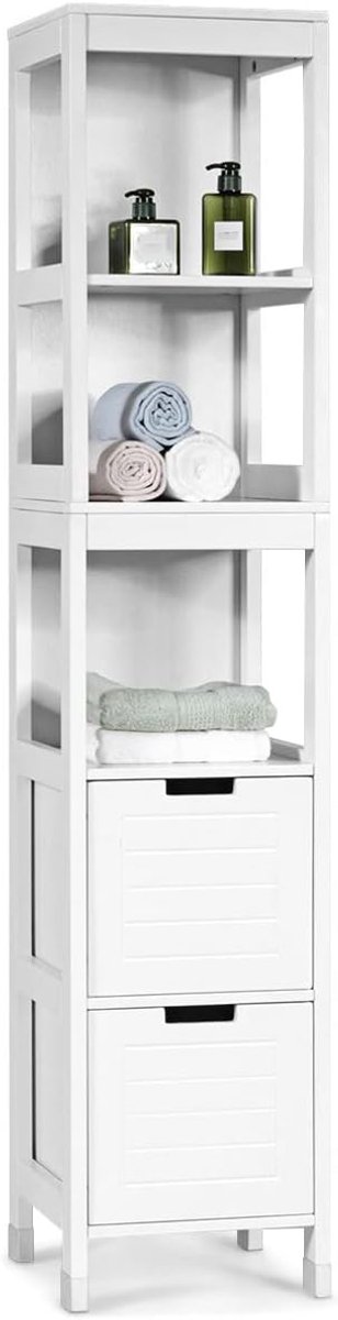 COSTWAY Smalle badkamerkast, badkamerkast met 2 laden en 3 open vakken, hoge kast badkamer, kast voor badkamer en woonkamer, 30,5 x 30,5 x 145 cm, wit
