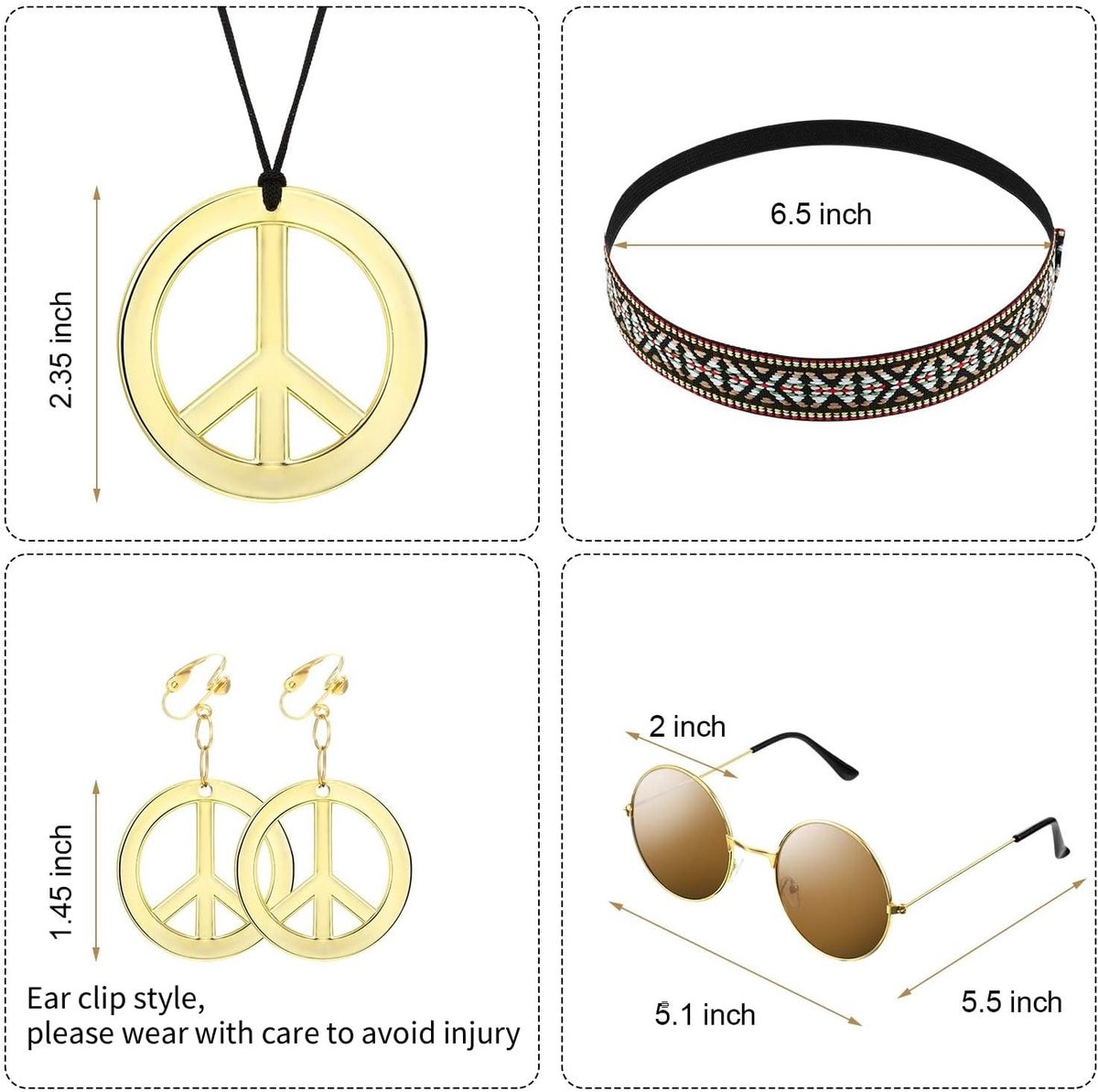Bohemia Kostuum Set voor 60s en 70s Feest, Inclusief Zonnebril, Ketting en Haarband - 4 Delige Accessoires voor Hippie Themafeest