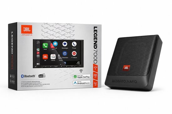 JBL Legend 700D 7-inch autoradio met touchscreen en JBL BassPro Nano subwoofer.