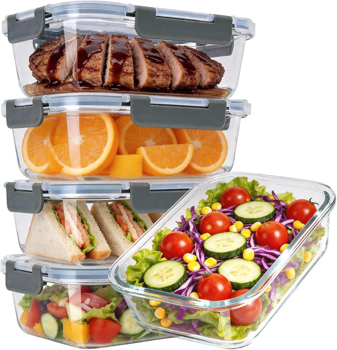 KZQ Vershoudbakjes Set - 5 Stuks - 36oz - Glas - Met Deksel - Luchtdicht & Lekvrij - BPA-vrij - Oven & Vriezer & Magnetron - Grijs