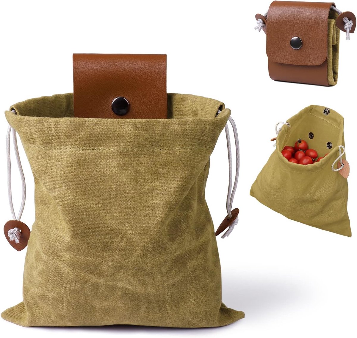 KZQ Verzamelzak - Fruitplukzak - Gewaxt Canvas - Opvouwbaar - Met Trekkoord - Multifunctioneel Voor Kamperen Wandelen Reizen - Khaki