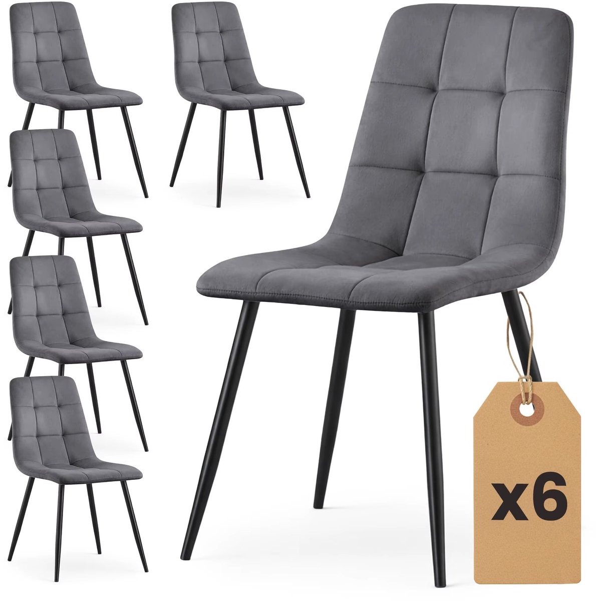 Set van 6 Velours Eetkamerstoelen – Gestoffeerde Stoelen met Gewatteerde Zitting – Moderne Eetkamerstoelen met Zwarte Poten – Comfortabele Stoelenset voor Eetkamer & Woonkamer - Grijs