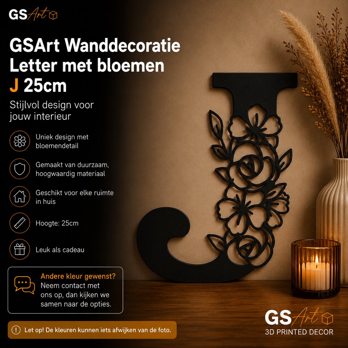 GSArt Wanddecoratie Letter met Bloemen – 25 cm - J