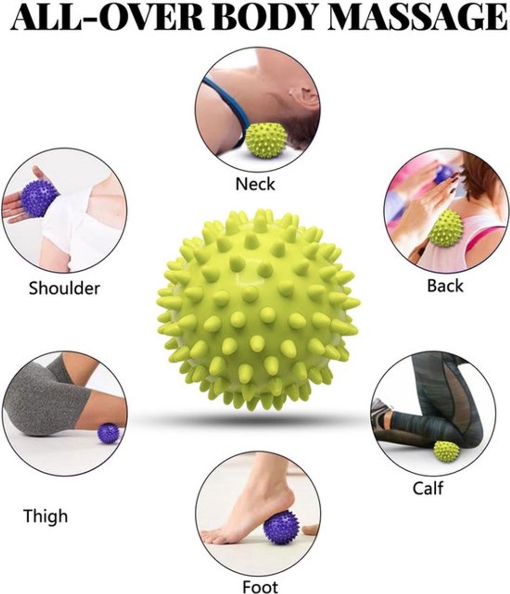 Massageballen (set van 2) - Triggerpointballen - Massageballen met reliëfpunten - Puntige ballen - Egelballen - Massageballen - Triggerpoint-oefenballen - Voor het masseren van hand-, been-, schouder-, heup- en voetspieren (Groen/Paars 7,5 cm) thumbnail 2