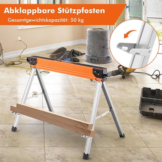 COSTWAY Set van 2 zaagblokken, inklapbaar, draagbare werkbokken, tot 500 kg belastbaar, zaagbok met handgreep, robuuste metalen zaaghulpen, steiger voor houtbewerking — afbeelding 3